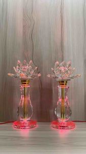 cặp đèn bàn thờ hoa sen pha lê thân đúc nguyên khối cao 35cm