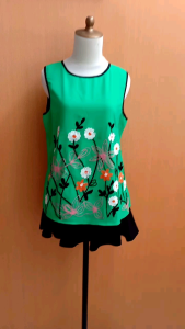 atasan wanita hijau motif bunga bordir MAJE cewek L blouse MEWAH kutung cute santai