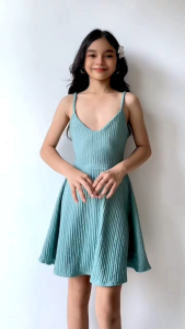 Angel-Bie Shemee Plain Dress for Kids age 6-10 years old sleeveless V-neck pleated light green casual wear.