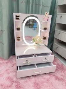 Bàn trang điểm ngồi bệt lắp ráp sẵn.gương led hình OVal. Thiết kế 3 ngăn kéo|-_-| kệ 2 bên