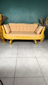 Sofa Bench Sandaran Bianca Rotan Asli Minimalis 3 Seater dengan Cushion Premium dan Bantal Kotak - Furniture