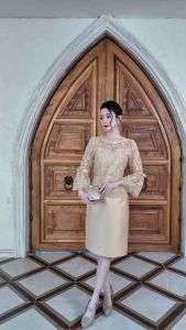 All Ladies เดรสผ้าไหมลูกไม้ลายใบไม้แขนระบายแต่งโบว์