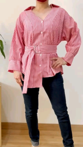 ECLAIRE 02L Kemeja Wanita Salur Stripe Kerja Kasual Korea Basic Dasar Classy Imlek Natal Import lxs