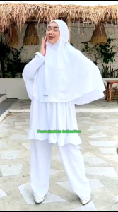 Baju One Set Setelan Celana Kulot dan Tunik Wanita Muslim Putih Bersih Set Hijab Bergo Premium