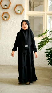 Baju Gamis Abaya Anak Perempuan Muslim Hitam Polos Set Hijab Bergo Instan Terbaru Kekinian Crinkle