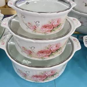 NEW ARRIVAL Queens 3pcs Premium Porcelain Round Bakeware with Glass Lid / Bakeware with Glass Lid - BLOMING PINK
