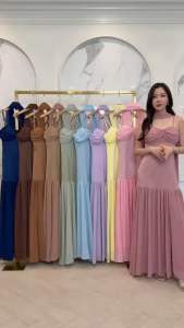 ชุดเดรส ชุดออกงาน ชุดราตรี FP069 เกรดพรีเมี่ยม เดรสยาว สายเดี่ยว มีผ้าพันคอ