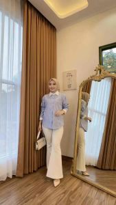 Kemeja Wanita ZR Motif Salur Busui Friendly Bahan Katun Adem