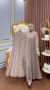 Gamis Wanita Muslimah Set Outer Bahan Ceruty Babydoll Motif Bordir