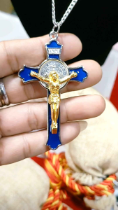 St. Benedict Exorcism Crucifix Blue Silver Gold Pendant 1.75x3 inches with 24 inches Long Stainless Silver Chain Necklaces for Protection Against Bad Luck with free assorted color boxes.