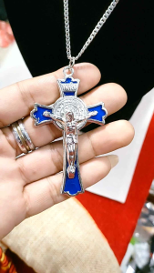St. Benedict Exorcism Crucifix Silver Blue Pendant for Protection Against Evil 1.75x3 inches with 23 inches long Stainless Silver Chain Nexklace
