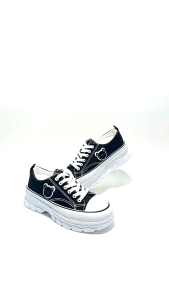 Sneakers FOR & NICE LOW TOP BLACK SOL TEBAL 7128 || Sepatu Sekolah Perempuan Pendek Sol Tebal Hitam || Sepatu Fashion Cewek Import Korea Style || Sepatu Sekolah SMP SMA Hitam Elastis Ringan || Sepatu Kasual Cewek Stylish