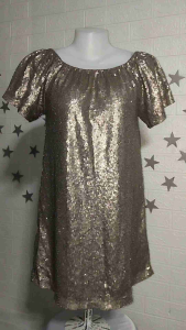 เดรสสั้นปักเลื่อม คอป้านติดยางยืด ทรงเอ ล่าสุด สีทอง ปริมาณ Size S (38-42-44")