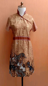 midi dress wanita kuning motif batik M cewek lengan pendek kerja kuliah
