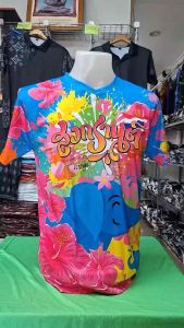 เสื้อยืดสงกรานต์ ลายช้างชบา สีฟ้า โดดเด่น คมชัด เสื้อกีฬาผ้าไมโครมันเกรดAพรีเมี่ยม ผลิตโรงงานไทย
