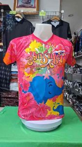 เสื้อยืดสงกรานต์ ลายช้างชบา สีชมพู โดดเด่น คมชัด เสื้อกีฬาผ้าไมโครมันเกรดAพรีเมี่ยม ผลิตโรงงานไทย