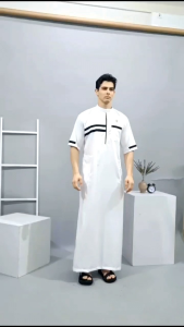 JASMIR - Gamis Muslim pria dewasa tangan pendek/Jubah dewasa pria model terbaru bahan katun Toyobo free peci+tasbih/pakaian Muslim laki-laki kombinasi lis
