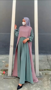 Bajuku Tren Gamis Abaya Maxi Dress Panjang Dua Layer Polos Kombinasi Warna Cantik Seragam Pesta Kondangan Terbaru Random