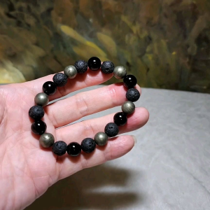 Gegegems Creation 10mm natural Pyrite Lava Stone & Black Agate bracelet [Natural Crystal] 10毫米天然黄铁矿火山石黑玛瑙手链