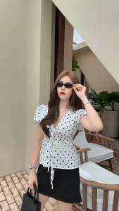 [PremFashion🌸]ชุดเซ็ท 2 ชิ้นเสื้อแขนตุ๊กตาผูกโบว์หน้า ลุคลูกคุณ เสื้อน่ารักผ้าพิมพ์ลาย