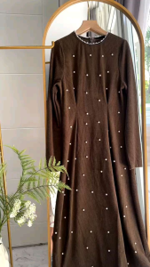 ●ECLAIRE● 043 Dress Midi Corduroy Korduroi Mote mutiara Pearl Lengan Panjang Longsleeves Mode Modis Pesta Kondangan Lebaran Muslim Import zoix
