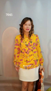 7045 เสื้อเชิ้ตแขนยาว ชีฟองพิมพ์ลาย กระดุมหน้า มีซับในเย็บติด อก 36-44" by PENNY CLOTH