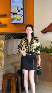 Áo Sơ mi Yenny hoa màu cổ điển Đối Xứng  vải lụa satin phôm dài