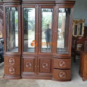 KABINET MINIMALIS KACA KAYU JATI FINISHING LEMARI TUMPUK ALMARI BUFET DEKORASI RUANG INTERIOR TAMU TATANING FURNITURES JEPARA