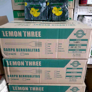 30pack x 100pcs Sendok / Garpu Plastik Hitam Lemon Three Isi 3000Pcs