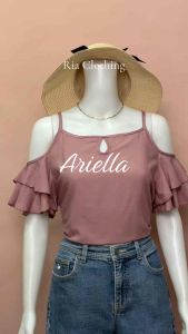 Ariella Ruffles Cold Shoulder Sleeves Squareneck Korean Bkk Trendy Top Women Outfit Challis M -Large