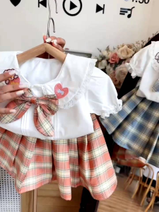 Váy bé gái sét váy học sinh nơ kẻ cổ áo thêu 13-36kg