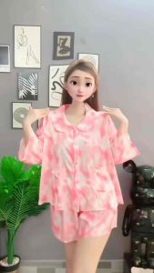 Đồ Ngủ Pijama Lụa HEUN YOUNG Bộ Đồ Pijama Cổ Sen Tay Lửng Quần Đùi Lụa Latin Họa Tiết In 45-75kg