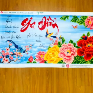 [THÀNH PHẨM] Tranh Đính Đá Chữ GIA ĐÌNH - Hoa Mẫu Đơn & Chim Công (AH 88599) - Sang Trọng & Bình An