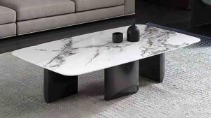 Bàn trà đơn Sofa phòng khách mặt đá hình học MICYLINDER với chân trụ khuyết sơn tĩnh điện sang trọng BT-56