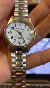 Đồng hồ nam SUNFLAME size 37mm mặt trắng cọc số học trò đen  chống nước 10BAR dây thép không gỉ khóa thông minh nguyên seal nilon mặt đáy hàng trưng bày chưa qua sử dụng