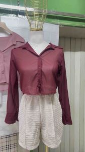 B80 เสื้อเชิ้ตแฟชั่นผ้าชีฟอง (อก32“-38”ความยาว18“) เสื้อเชิ้ตครอปซีทรู เสื้อเชิ้ตบาง ครอปเชิ้ต เสื้อเชิ้ตผู้หญิงแขนยาว ใส่สบาย แมทช์ได้หลายแบบ