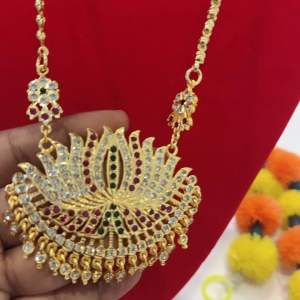 indian gold plated big lotus pendant with paruppu chain 30” inch