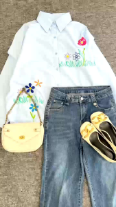 Kemeja Wanita Terbaru Korean Style Motif Stalk Hitam Putih Navy Biru Jumbo