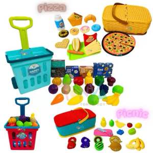 ตะกร้าปิคนิค ชุดผลไม้หั่นได้ และชุดพิซซ่า ตะกร้าล้อลาก Shopping Cart ของเล่นชุดเครื่องครัว บทบาทสมมติ
