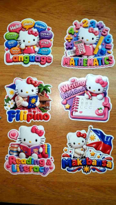 Subjecf Sticker Labels Hello Kitty in traditional Filipino attire holding a book with the Philippine flag standing in front of a nipa hut with palm trees and flowers with the word "Filipino" below.