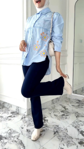 Kemeja Wanita Korean Style Big Size Bordir Chein Terbaru Hitam Putih Biru Navy Jumbo