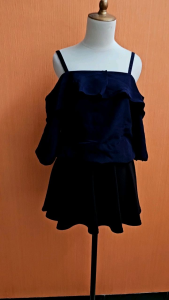 atasan wanita sabrina biru tua navy M lengan balon cute pinggang karet