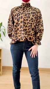 ●ECLAIRE● 026 Blouse Blus High-neck Lengan Panjang Longsleeves Motif Leopard Macan Tutul Kasual Casual Mode Modis Trendy Kekinian 1476