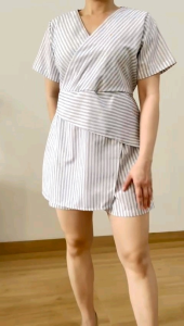 ●ECLAIRE● 063 Setelan Celana Pendek Salur stripe Garis-garis Korea Kasual Casual Basic Dasar Mode Santai Bepergian Trendy 1110