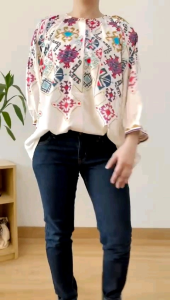 ●ECLAIRE● 003 Kemeja Lengan 3per4 split-neck motif etnik tribal Korea Kasual Kerja Mode Santai Import 2287