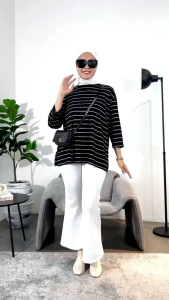 Blouse Wanita Jumbo Kekinian Stripe Jizy Hitam Salur Oversize Bigsize Xxxl