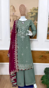 [PRE-ORDER] 2026 MAC HEAVY FAUX GEORGETTE EMBROIDERY WORK PLAZZO SUIT SIZE M TO 2XL ( DELIVERY 10 WORKING DAYS) ETA: 2026-05-30 | PISTA GREEN HEAVY EMBROIDERED PLAZZO SET 2026