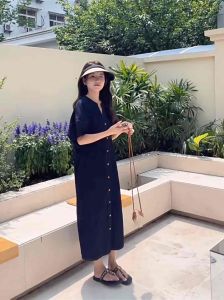 Đầm Midi Jean Suông Xanh Đậm Cổ Trụ Tay Bồng Cúc Dọc Vintage - Hitu House [D.01]