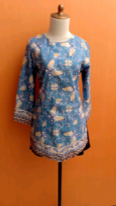 atasan tunik wanita biru motif batuk S M cewek blouse lengan panjang