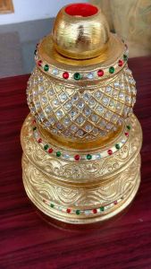 ที่วาง ฐานตั้ง ทรงน้ำเต้า ที่ใส่ ตาลปัตร สีทอง ทองคำเปลว ติดกระจกสี ปิดทอง 19x30cm ตาลปัตร ไม้จามจุรี ขาตั้ง